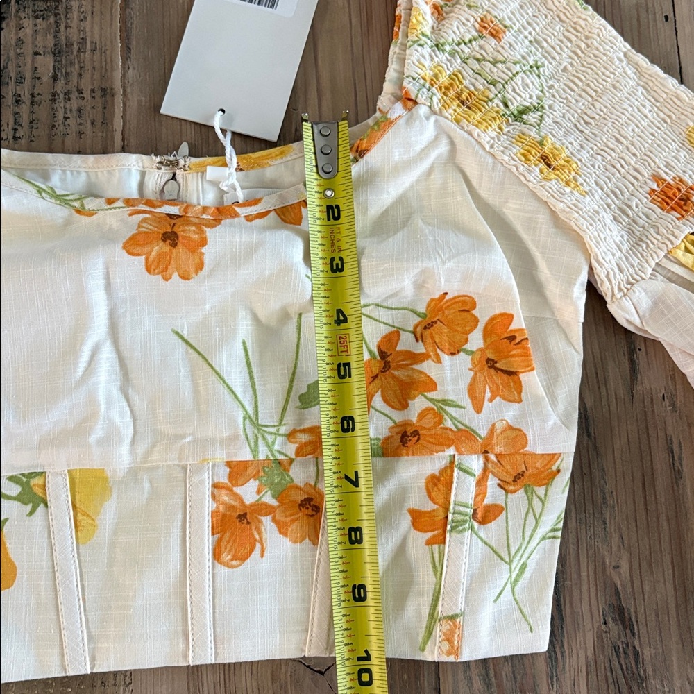 Floral Smocked Puff-Sleeve Crop Top in White with Orange & Yellow Blooms - Picture 4 of 6